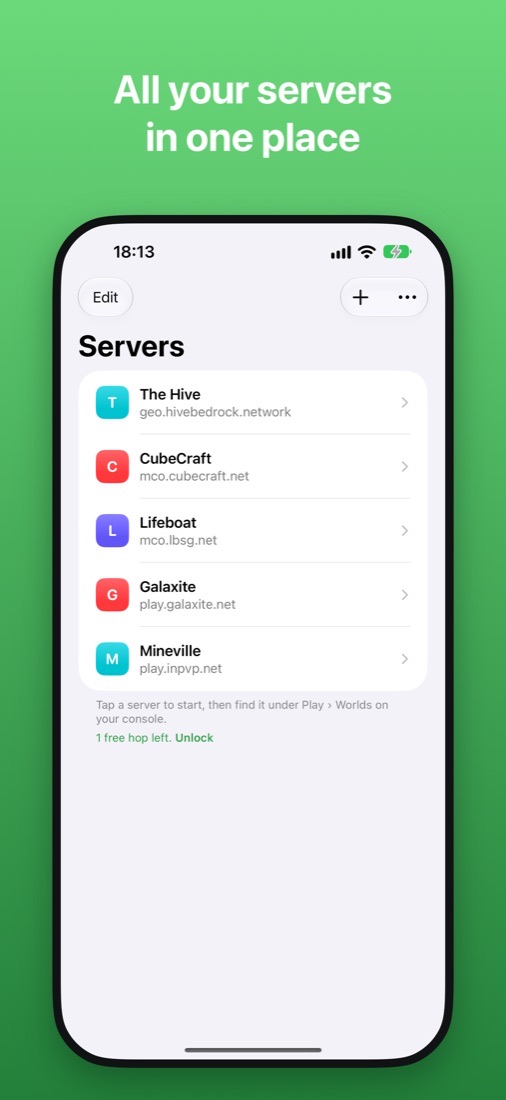 The server list with five saved servers